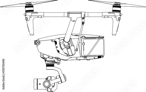 Drone FPV Line Stroke. Inspire 3, Remote COntroller. Drone Vector Isolated. White Background. D202304003