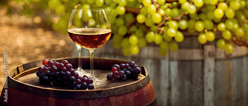 A glass of wine on a wooden vintage barrel with alcohol and fresh bunches of grapes, generative ai.