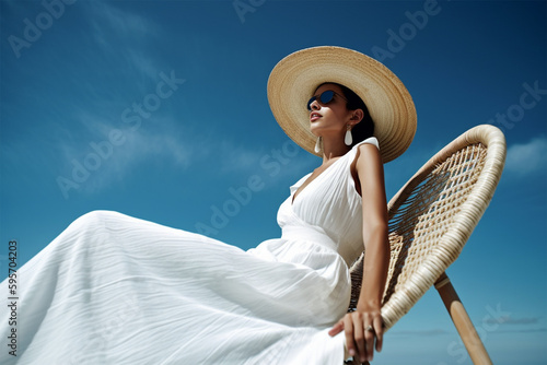 Beautiful spectacular young woman model in a white dress and hat against a bright blue sky on a sunny day. Generative AI