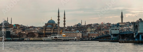 Sunset in Istanbul, Turkey with Suleymaniye Mosque (Ottoman imperial mosque). View from Galata Bridge in Istanbul.