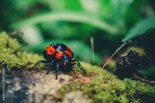 red and black bug on a mossy ground. Generative AI