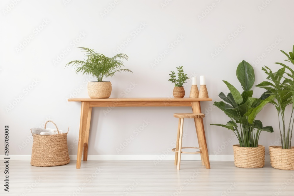 rustic outdoor seating area with potted plants on a wooden table and bench. Generative AI rustic outdoor seating area with potted plants on a wooden table and bench. Generative AI