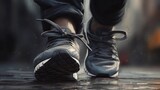 Joggers running outdoors. Close-up of sneakers on the street at sunset. AI generated