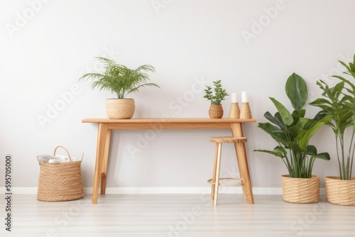 rustic outdoor seating area with potted plants on a wooden table and bench. Generative AI