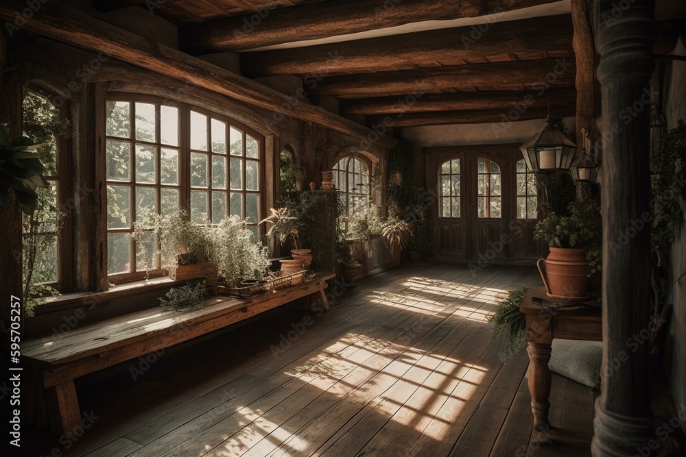 Gorgeous terrace boasting a lavish wooden floor and a rustic exposed beam ceiling. Generative AI