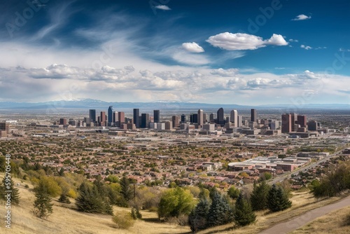 Panoramic view of Denver, Colorado skyline taken from Red Rocks Amphitheatre. Generative AI