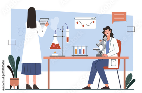 Researchers in lab. Women in medical gowns with microscope analyze test tubes and chemicals. Doctors and scientists develop drugs.