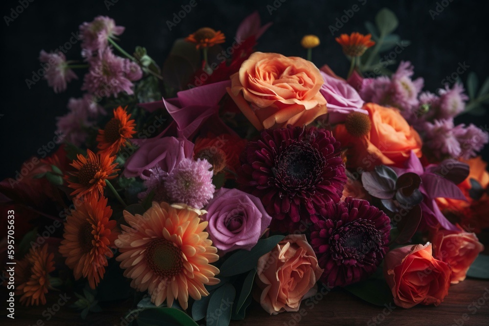 Arrangement of vibrant flowers in a bouquet. Generative AI