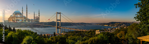 Fototapeta Naklejka Na Ścianę i Meble -  Awesome Panoramic view of Istanbul Bosphorus on sunset. Istanbul Bosphorus Bridge (15 July Martyrs Bridge. Turkish: 15 Temmuz Sehitler Koprusu). Beautiful landscape Turkey.
