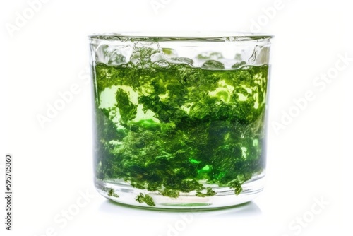 glass filled with a refreshing green drink resting on a clean white table surface. Generative AI