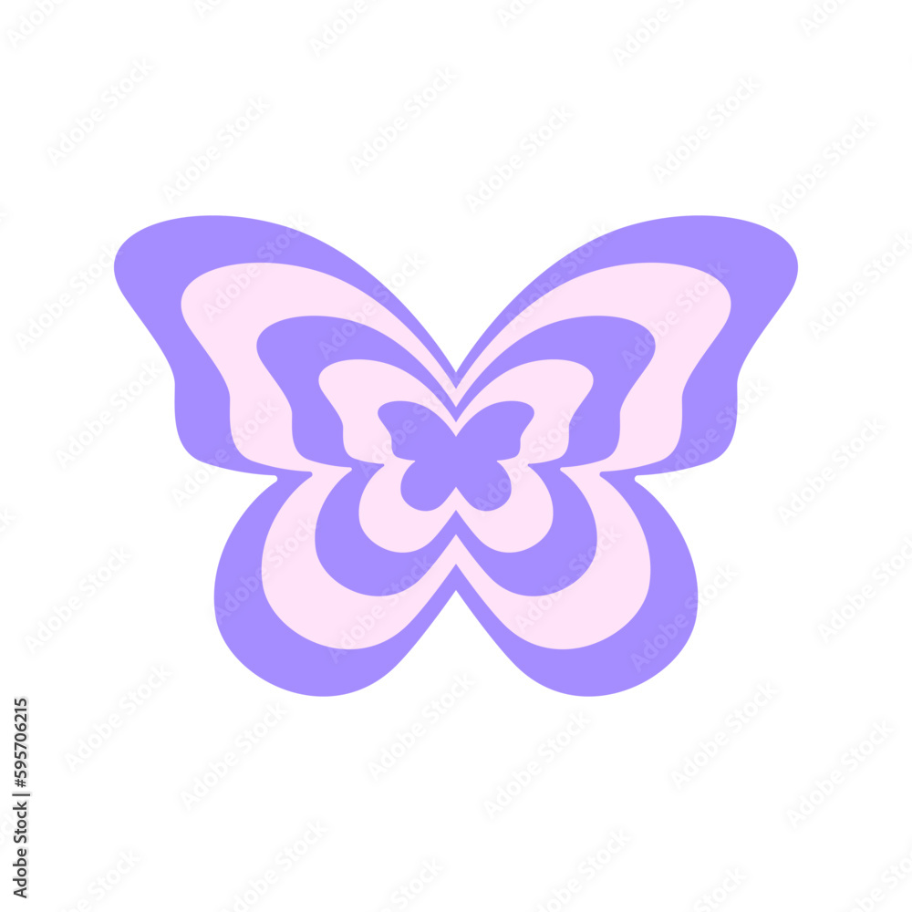 Repeating butterfly icon in y2k retro style. 2000s design object in pastel purple colors. Cute girly vintage sticker isolated on whiyte background. Vector flat illustration