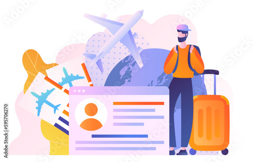Man with visa concept. Young boy with suitcase stands against backdrop of planet with airplane. Tourist and traveler on holiday. Vacation or emigration procedure. Cartoon flat vector illustration