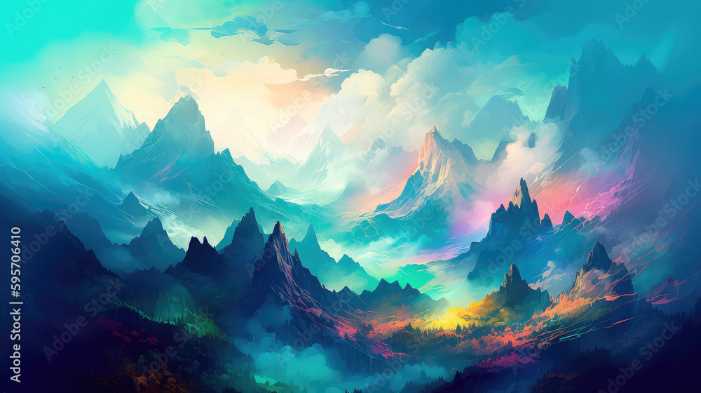 Abstract mountain Background Art Paintings Blue Fantasy. Generative AI