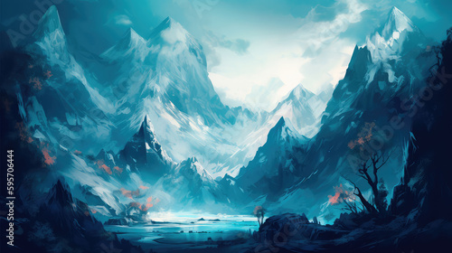 Abstract mountain Background Art Paintings Blue Fantasy. Generative AI © keks20034