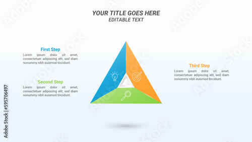 Triangle Infographics with Editable Text, Five Steps, and Business Icons on a 16:9 Ratio Layout for Business Advantages and Disadvantages, Business Goals, Business Reports, and Website Design.