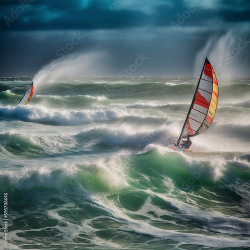 windsurfer in stormy sea and wind, ai generated © David Brown