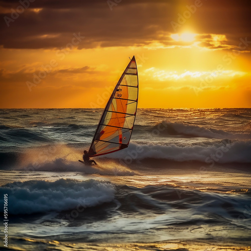 windsurfer in stormy sea and wind, ai generated