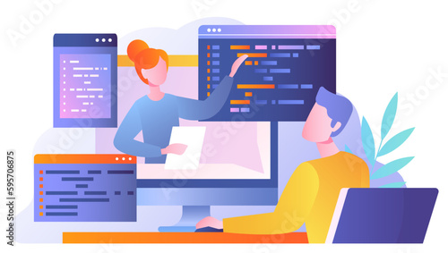 Student learning to write code. Man watches video tutorial on developing programs and applications, website. Webinar, distance education, learning and training. Cartoon flat vector illustration