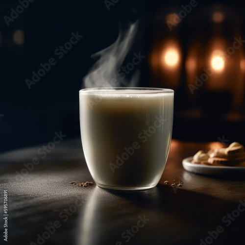 A stunningly cinematic shot of frothy steamed milk, perfectly illuminated by accent lighting, evoking a sense of warmth and comfort.