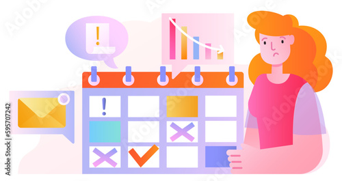 Concept of procrastination. Sad woman stands near calendar and looks at outstanding tasks. Psychological problems, poor time management and inefficient workflow. Cartoon flat vector illustration