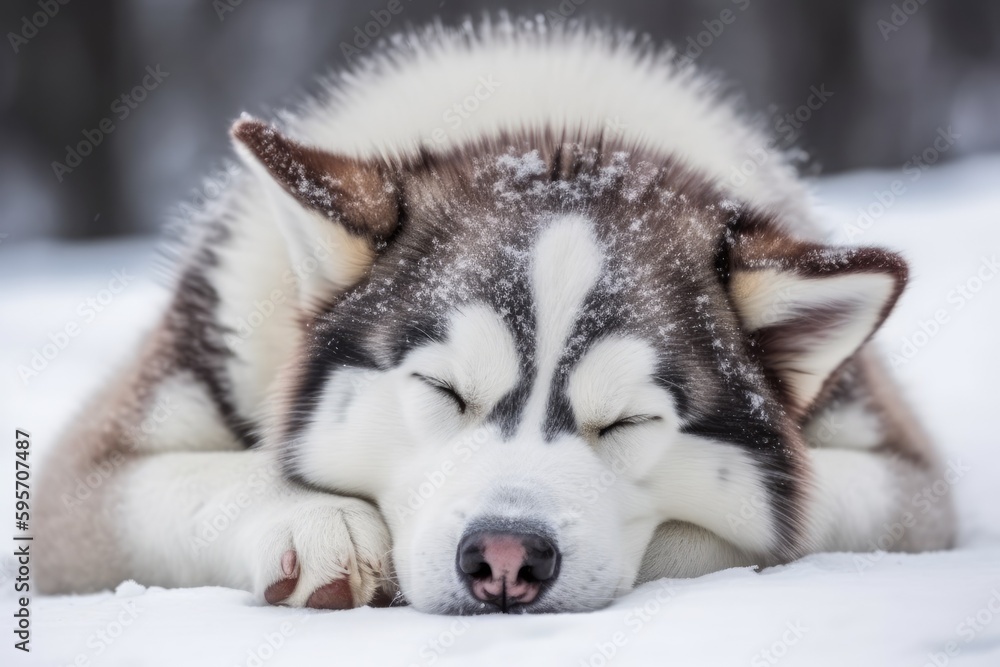 sleeping husky dog in a snowy landscape. Generative AI