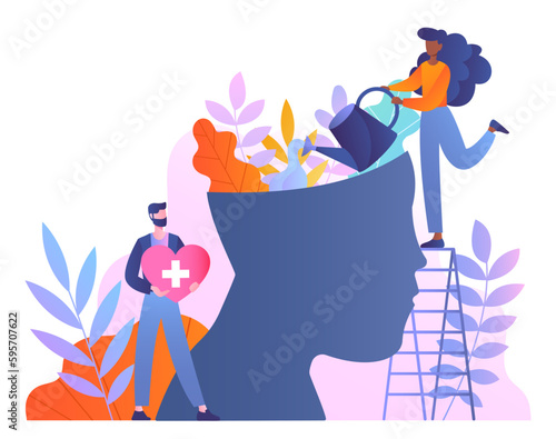Mental health concept. Man with heart in hands and woman with watering can near abstract silhouette of head with plants. Psychological help and support, mindfulness. Cartoon flat vector illustration