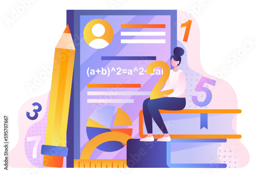 Mathematician woman concept. Young girl with number in hands sitting on book next to textbook, large pencil and ruler. Student solves equation, does homework. Cartoon flat vector illustration