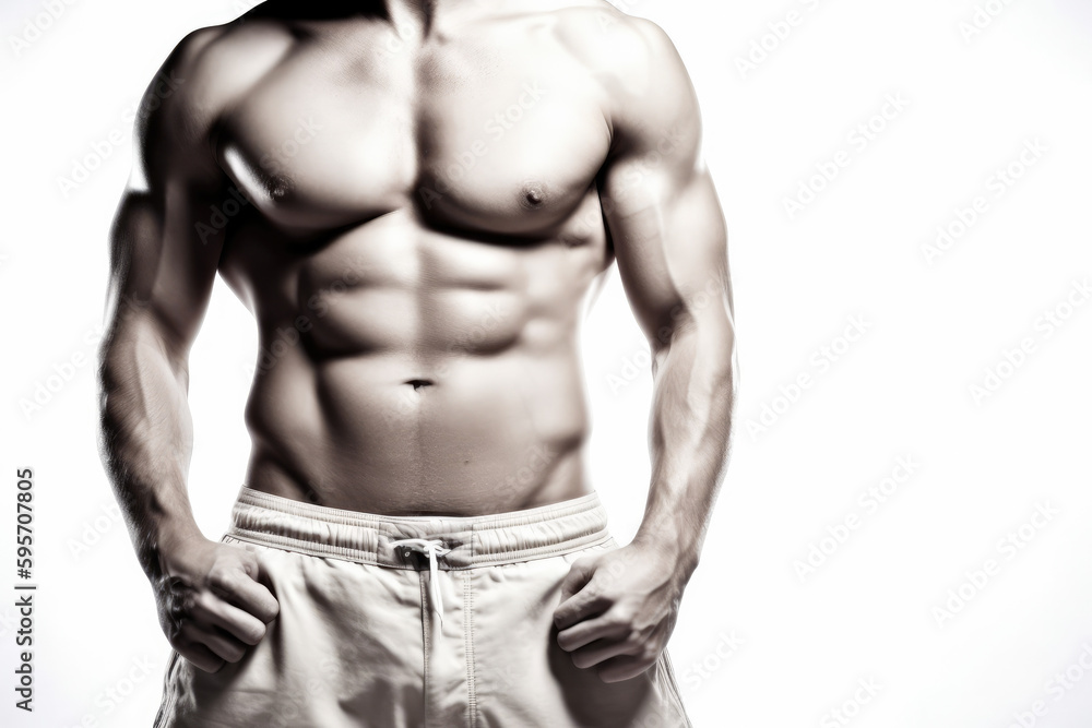 Male abdominal muscles, Bodybuilder shows abs, White background, High quality Generative AI