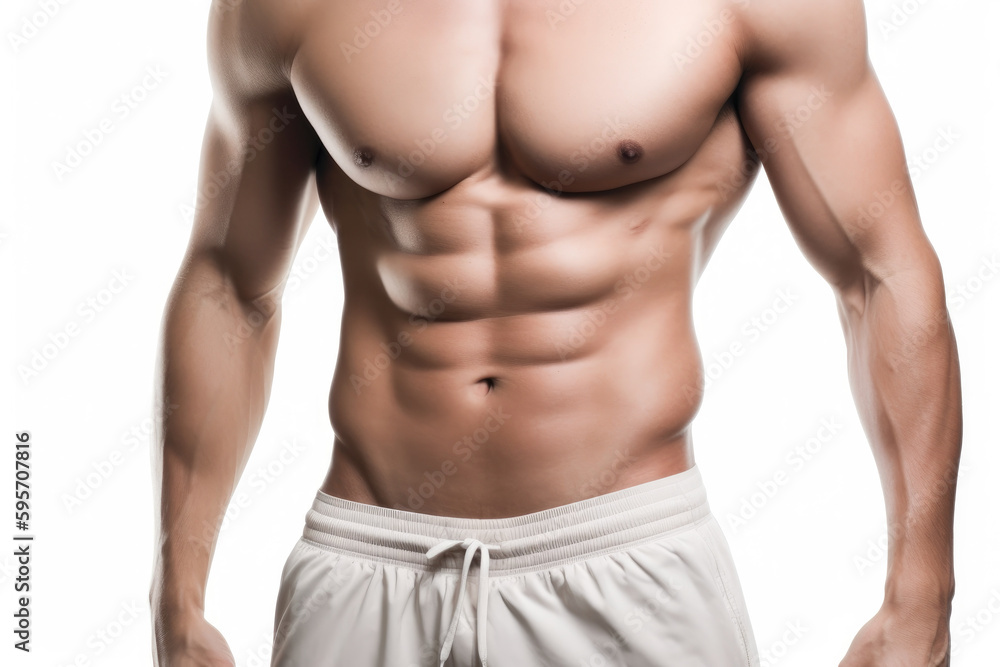 Male abdominal muscles, Bodybuilder shows abs, White background, High quality Generative AI