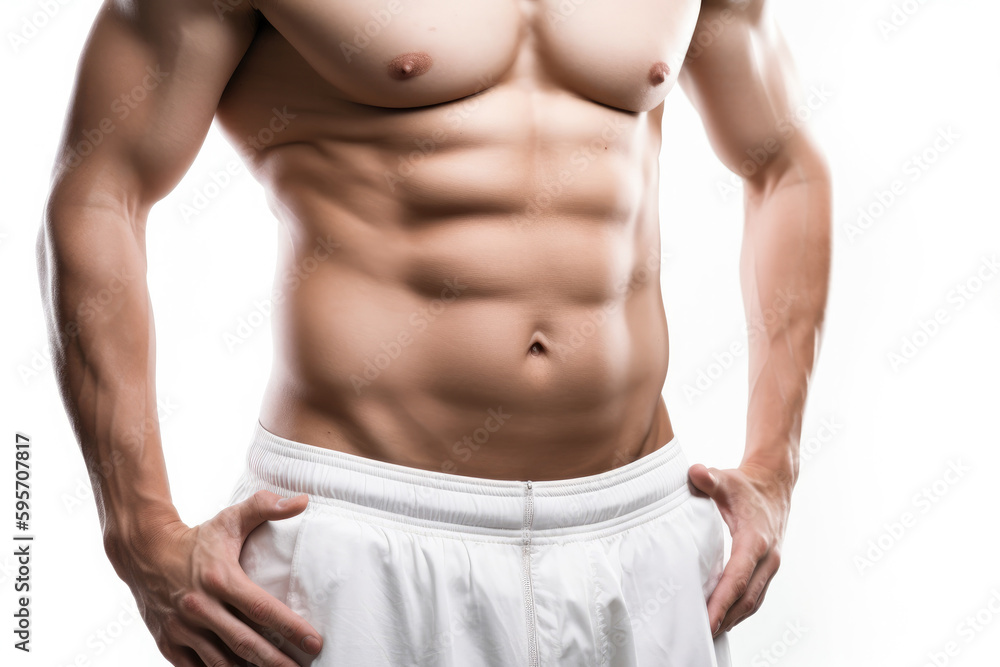 Fototapeta premium Male abdominal muscles, Bodybuilder shows abs, White background, High quality Generative AI