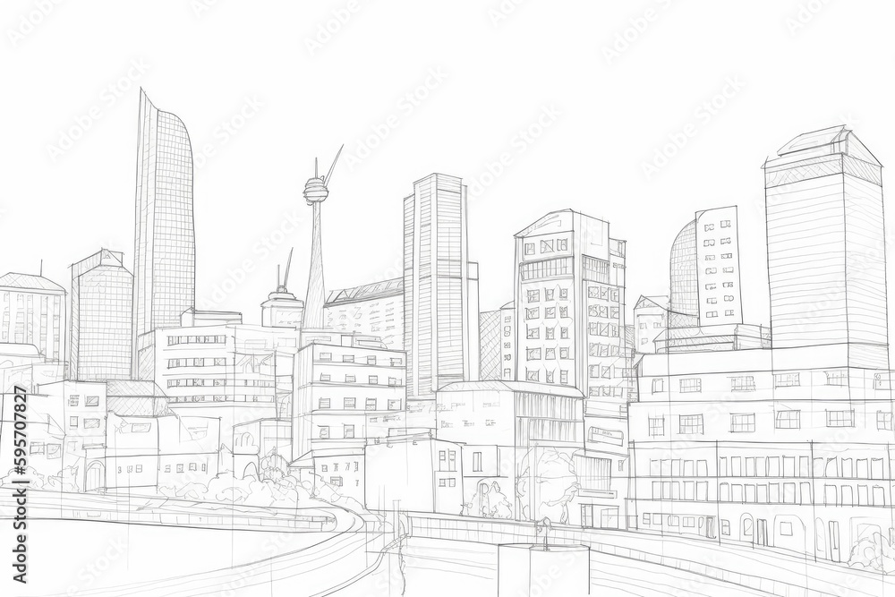 detailed pencil drawing of a busy city skyline at night. Generative AI