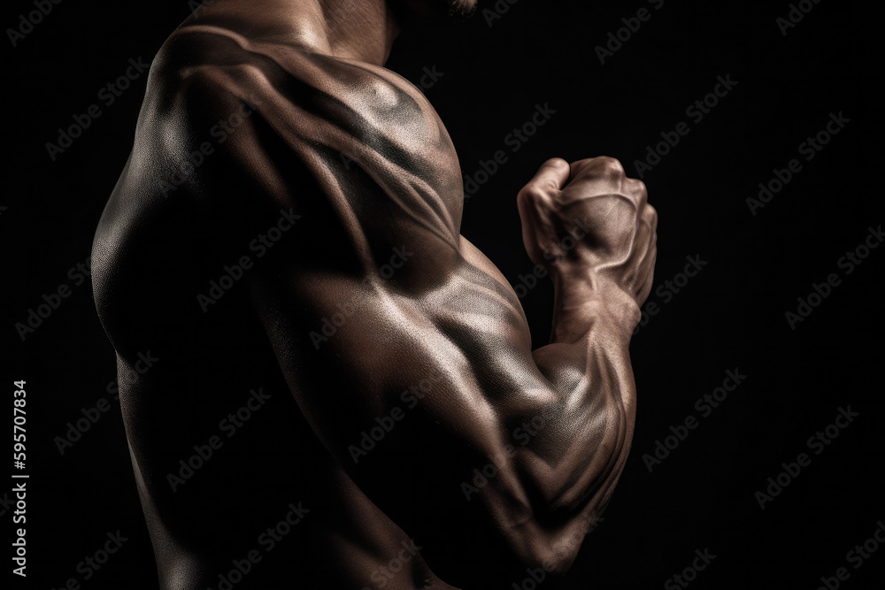 Tense arm clenched into fist, veins, bodybuilder muscles on a dark background, generative ai