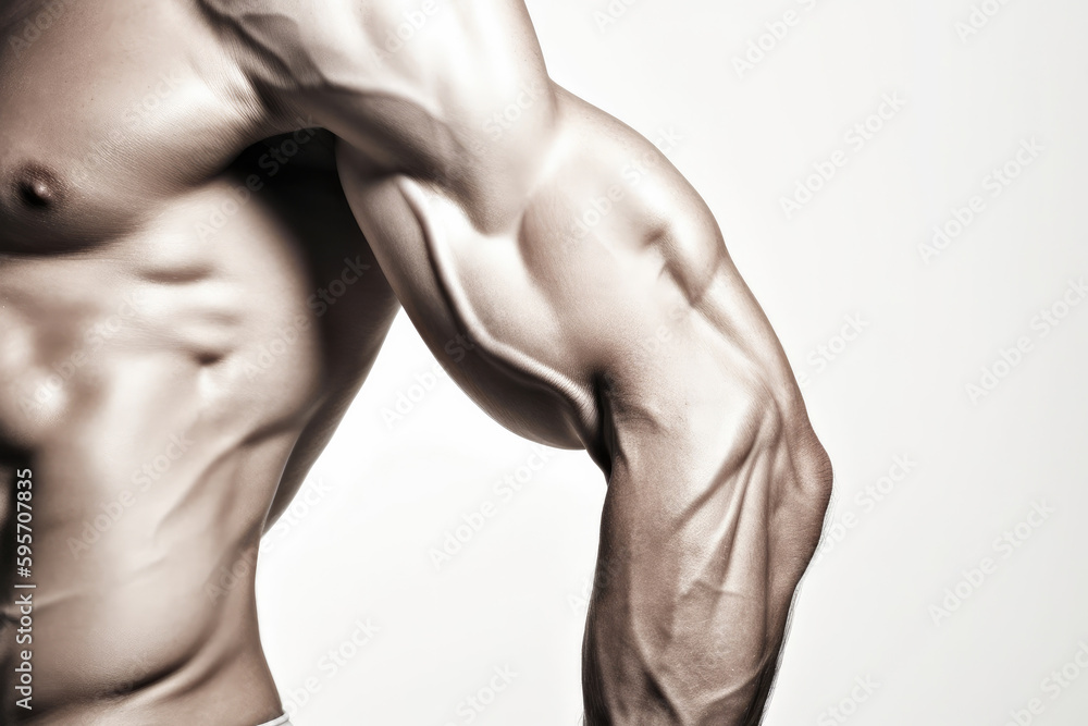 Tense arm closeup with veins, bodybuilder muscles on a white background, generative ai Tense arm closeup with veins, bodybuilder muscles on a white background, generative ai