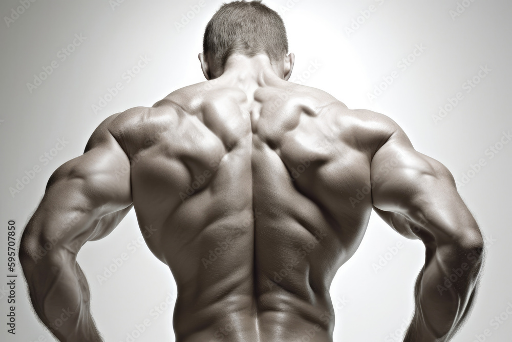 Fototapeta premium Muscular bodybuilder guy back, over white background, generative ai