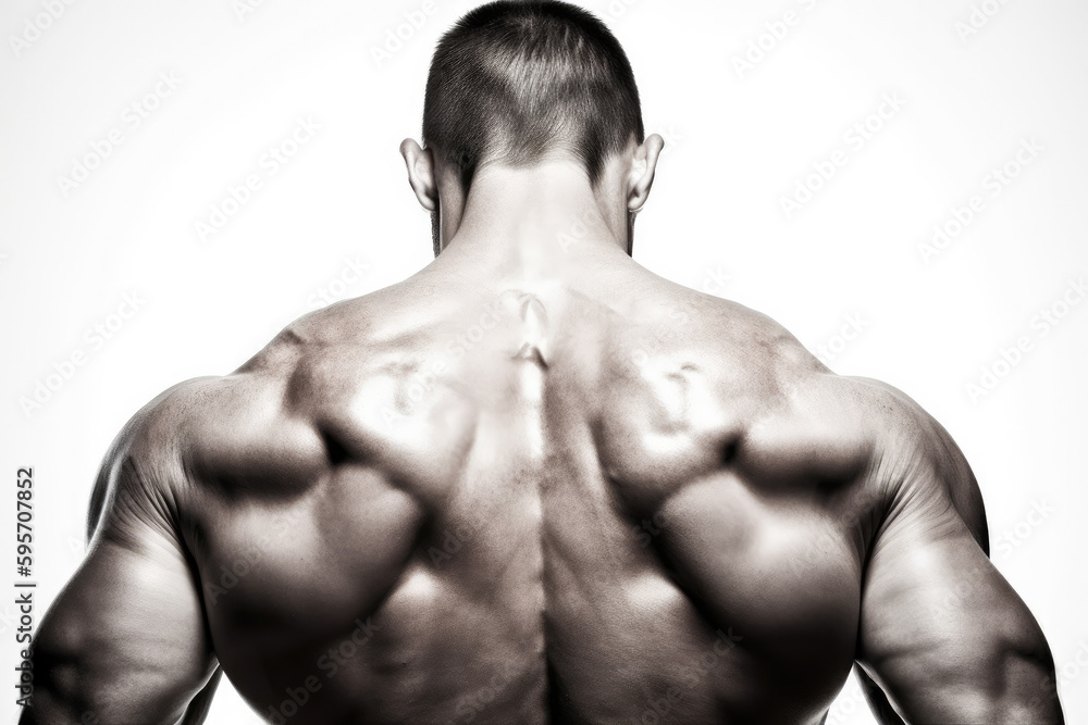 Fototapeta premium Muscular bodybuilder guy back, over white background, generative ai
