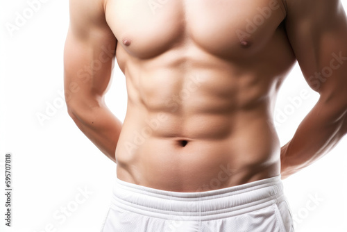 Male abdominal muscles  Bodybuilder shows abs  White background  High quality Generative AI