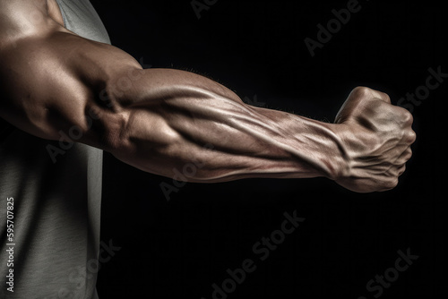 Tense arm clenched into fist, veins, bodybuilder muscles on a dark background, generative ai