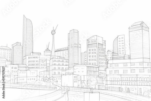 detailed pencil drawing of a busy city skyline at night. Generative AI