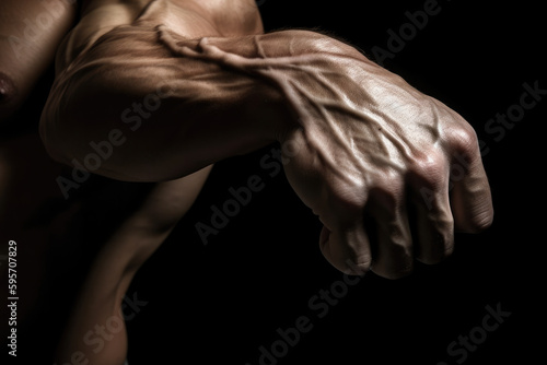 Tense arm closeup with veins, bodybuilder muscles on a dark background, generative ai © MVProductions