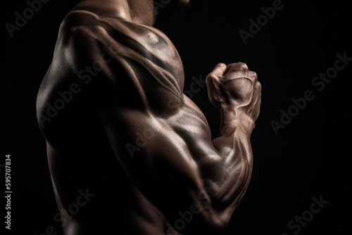 Tense arm clenched into fist, veins, bodybuilder muscles on a dark background, generative ai © MVProductions