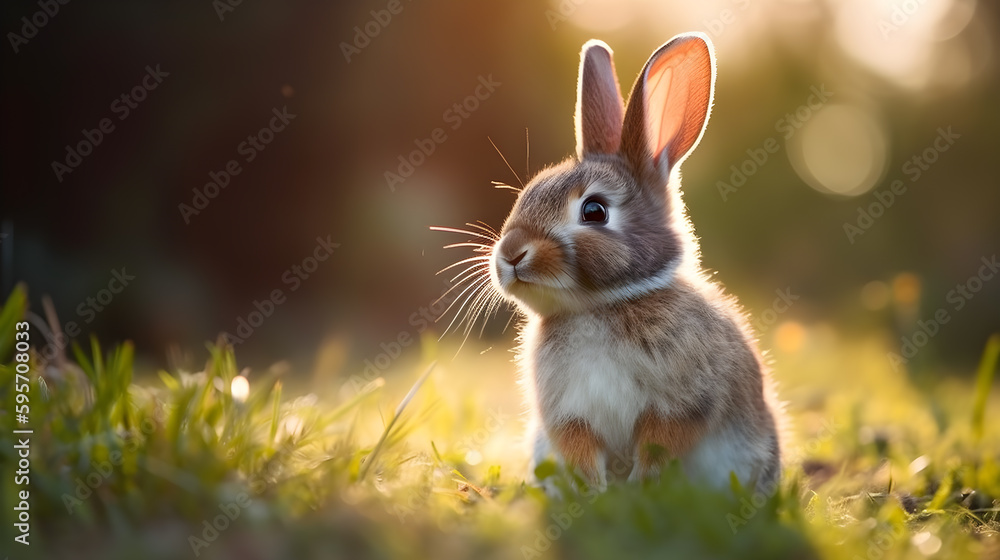 Fototapeta premium Cute Rabbit sitting on the grass, generative AI