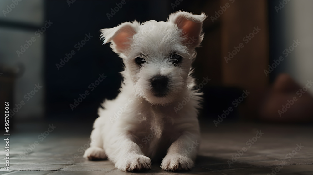 Cute Puppy sitting on the floor, adorable Pets, generative AI Cute Puppy sitting on the floor, adorable Pets, generative AI