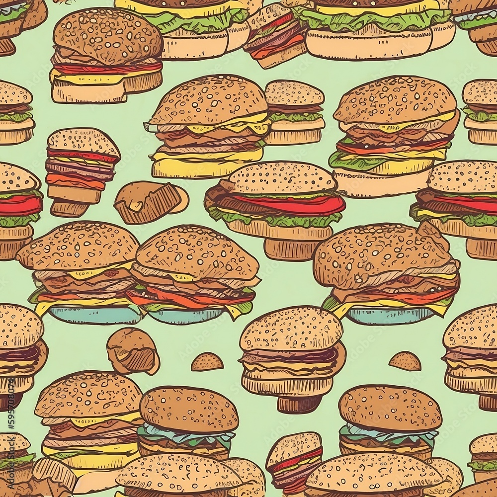 Seamless pattern of burgers on green background created with Generative AI technology