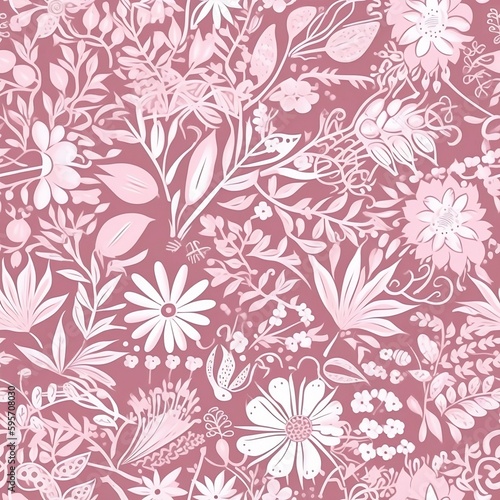 Seamless pattern with white flowers on the pink background created with Generative AI technology