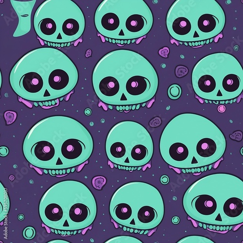 Seamless pattern of skulls with green faces pink eyes on purple background created with Generative AI technology
