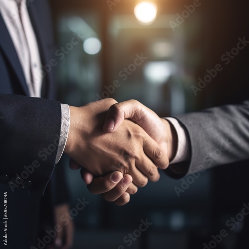 Business people shaking hands, finishing up meeting, business etiquette, congratulation, merger and acquisition concept. generative ai