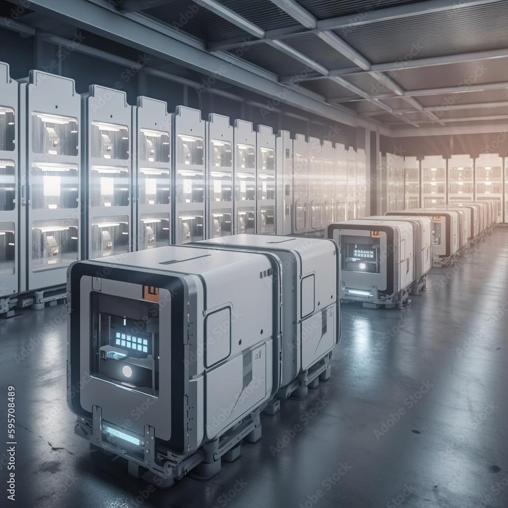 Smart factory concept and industrial 5G. Transfer boxes are operated by autonomous robotic transportation or automated guided vehicle systems in automated warehouses. generative ai
