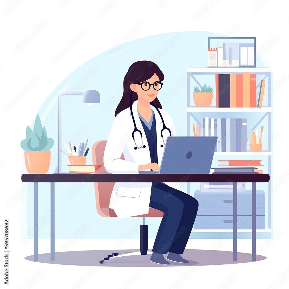 Fototapeta premium Working at the office desk is a female doctor with a laptop. generative ai