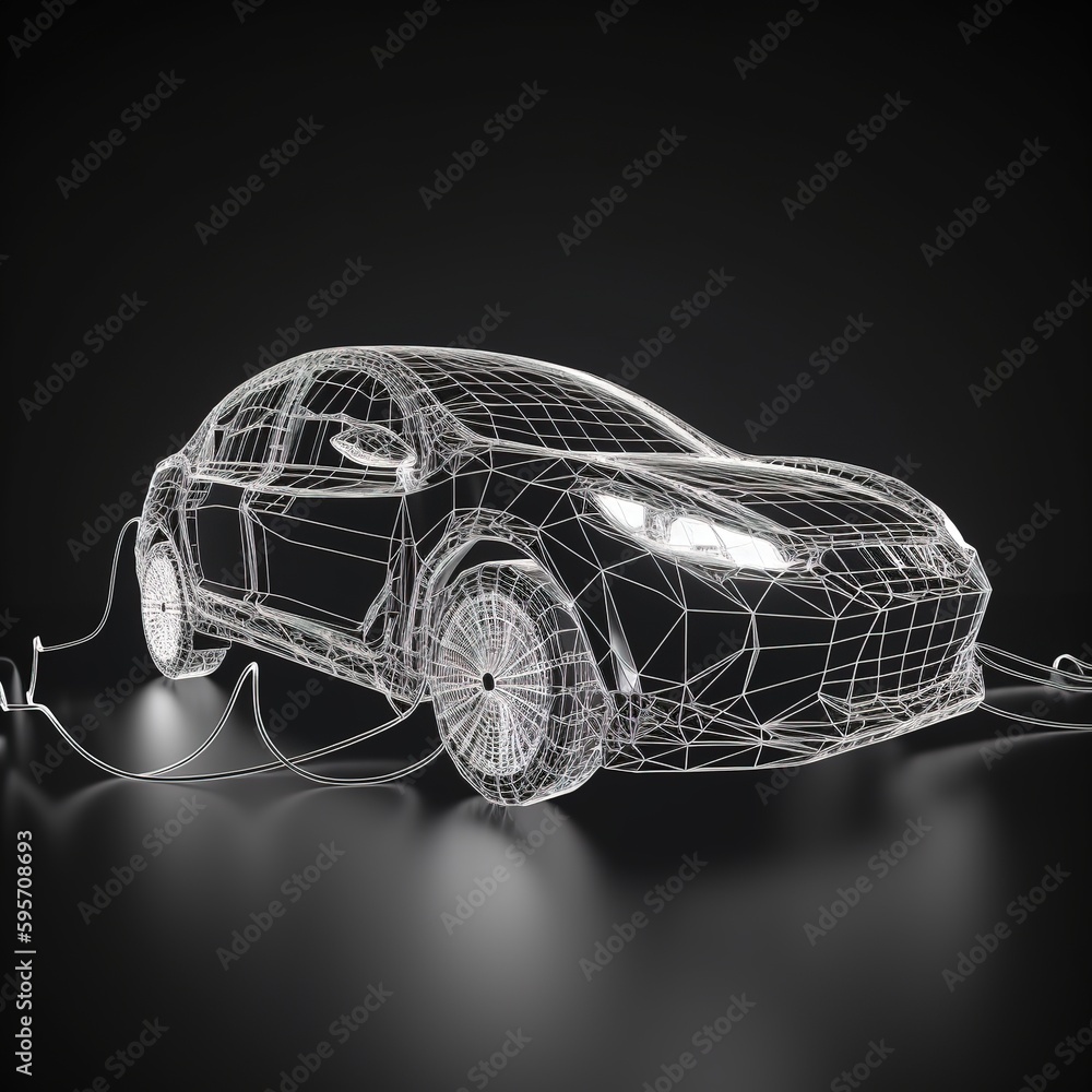 Naklejka premium EV Car or electric vehicle at charging station with power cable plugged in Eco-friendly sustainable energy concept. Structure for connecting lights with wireframes. generative ai