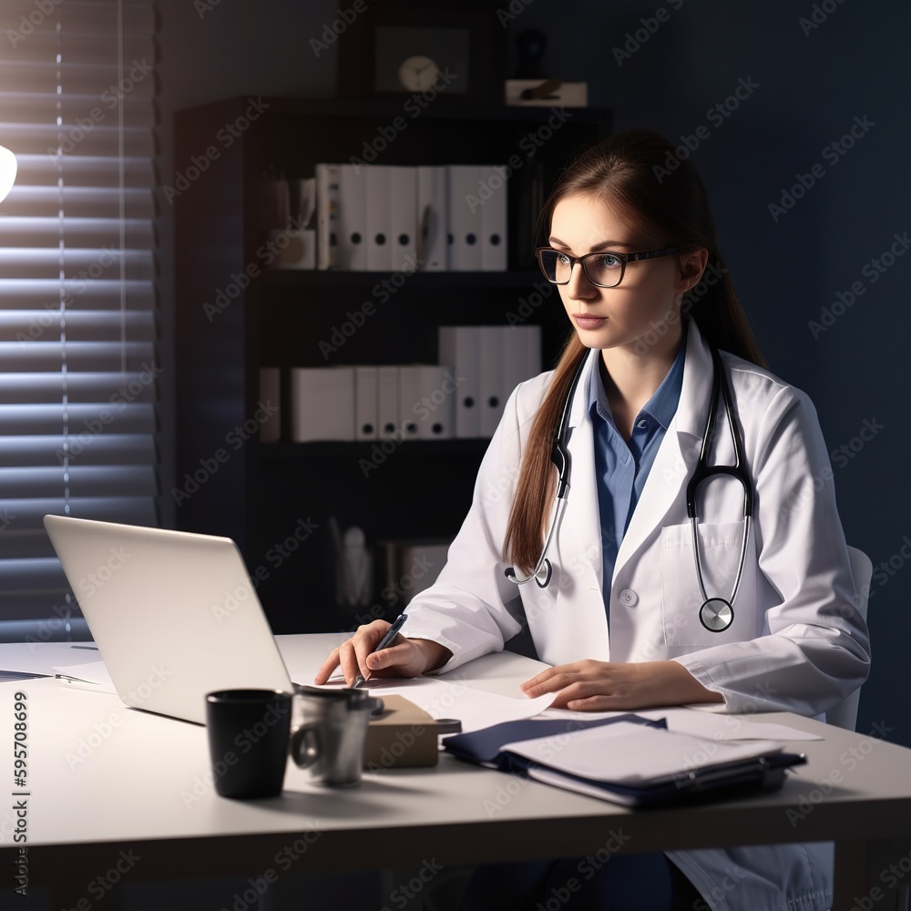 Working at the office desk is a female doctor with a laptop. generative ai Working at the office desk is a female doctor with a laptop. generative ai